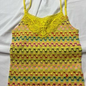Free People Yellow Crochet Lace-Trim Multicolor Knit Cami
